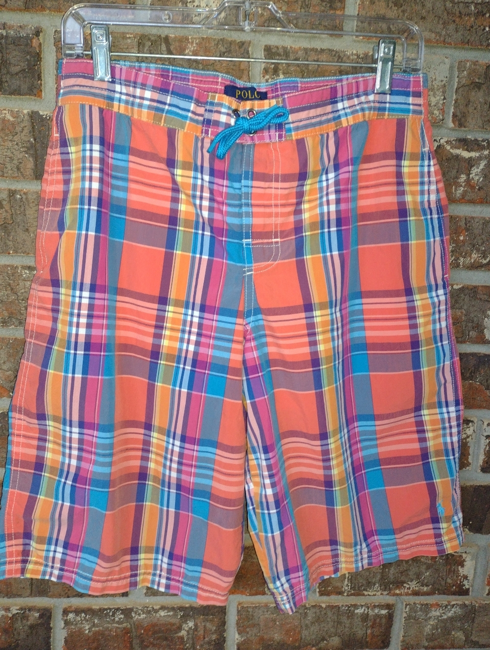 Polo Ralph Lauren Swimwear Trunks Boys XL (18-20)Orange Plaid Lined Beach Summer